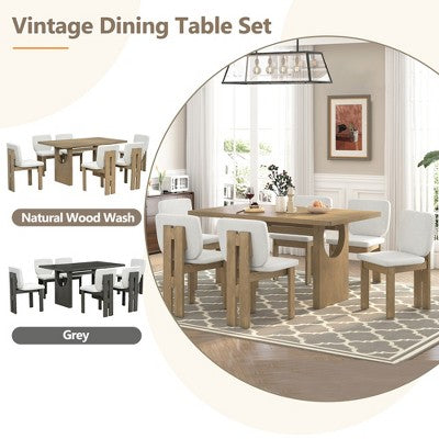 7-Piece Retro Dining Set, 1 Rectangular Table with Designed Trestle Base and 6 Upholstered Chairs - ModernLuxe