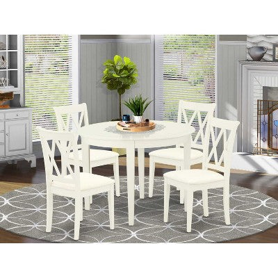 5 Piece Dinette Set - Round Kitchen Table & 4 Dining Chairs - 42 Inch - Linen White