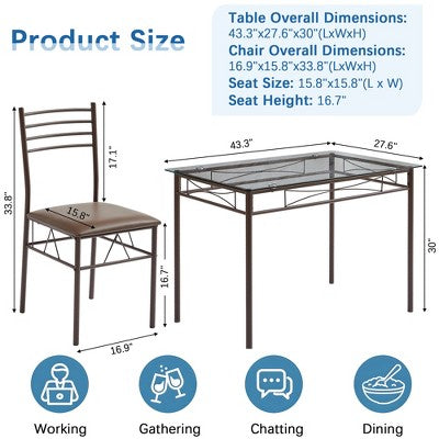 VECELO 5 Piece Dining Table Set with Glass Top Table & 4 Upholstered Chairs, Kitchen Rectangular Table Set Brown/Black