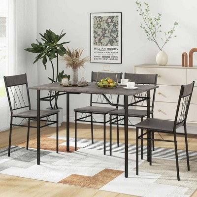 Costway 5PCS Dining Table Set for 4 Rectangular Kitchen Table & 4 Chairs with Metal Frame Cement Gray/Black