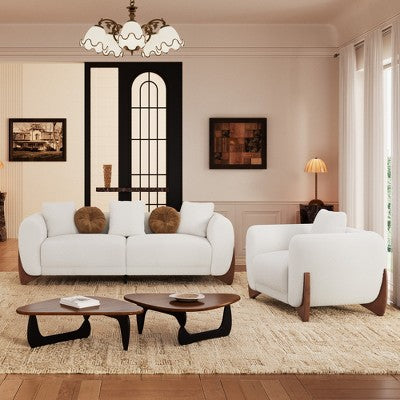 Modern Boucle Fabric Sofa Set - 1 Sofa and 2 chairs with Sleek Wooden Legs for Living Room or Home Office - Morden Fort