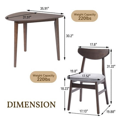 3-Piece Modern Dining Table Set, Triangular Side Table & 2 Curved Wood Chairs for Small Living Room Kitchen Studio - ModernLuxe