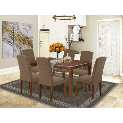 HomeStock 7 Piece Mid-Century Dining Set Dark Coffee Linen Chairs 36x60 Table
