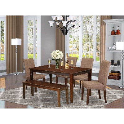 HomeStock 6-Piece Rectangle Mahogany Finish Solid Wood Top Dining Table with 1 Bench, 4 Chairs