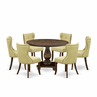 HomeStock 7-Piece Distressed Jacobean Finish Solid Wood Top Dining Table with 6-Parson Chairs