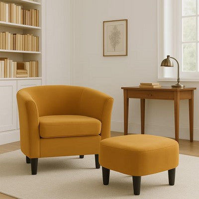 Velvet Accent Chair with Ottoman, Modern Barrel Chair Armchair for Living Room, Bedroom