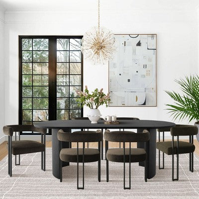 7-Piece Dining Table Set with Velvet Chairs, Modern Oval Black Table & Upholstered Armchairs with Metal Legs for Dining Room-Panipeachy