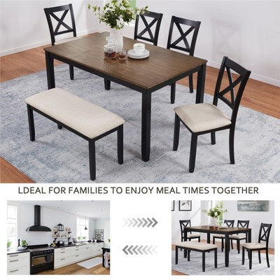 GDFStudio Callan Farmhouse Wood Upholstered 6 Piece Dining Set with Bench