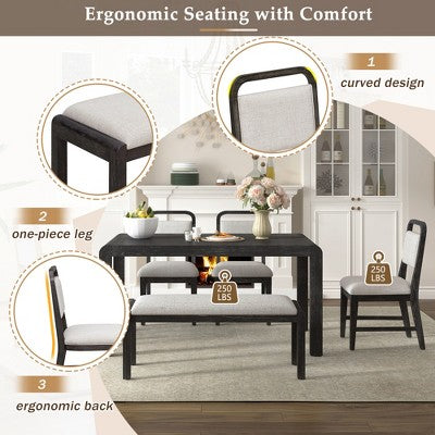 6-Piece Extendable Dining Set with 4 Upholstered Chairs & Bench, 60-72 Mid-Century Modern Kitchen Table with Curved Legs - ModernLuxe