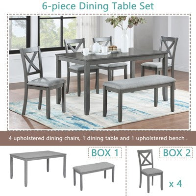 GDFStudio Callan Farmhouse Wood Upholstered 6 Piece Dining Set with Bench