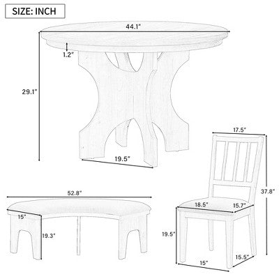 5-piece Rustic Charm Round Dining Set with 3 Upholstered Chairs and Curved Bench for Dining Room, Kitchen and Living room-ModernLuxe