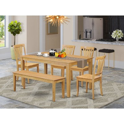 HomeStock Oak Rectangle Dining Table Set with 4 Chairs and Bench