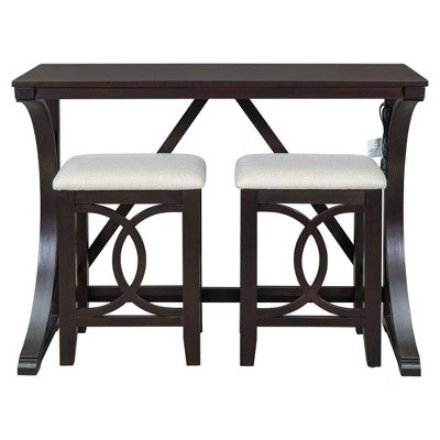 Farmhouse 3 Piece Counter Height Dining Table Set for 2, Wood Console Bar Table with USB Port and Upholstered Stools for Small Space