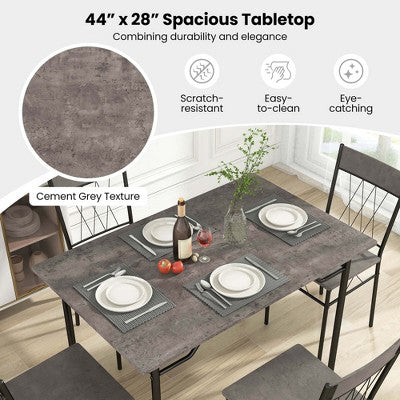 Costway 5PCS Dining Table Set for 4 Rectangular Kitchen Table & 4 Chairs with Metal Frame Cement Gray/Black