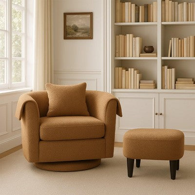 Swivel Accent Chair with Ottoman Set, Modern Chenille Barrel Armchair with Back Pillow & 2 Armrest Covers for Living Room, Bedroom, Office