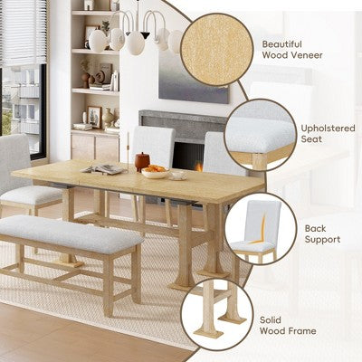 6 Pieces Dining Table Set with Bench for 6, Kitchen Table Set with Storage Drawer and 4 Upholstered Dining Chairs