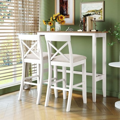 GDFStudio Varo Farmhouse Rectangular Acacia Wood Bar Height Dining Set with Upholstered Chairs