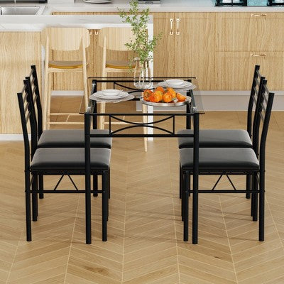 VECELO 5 Piece Dining Table Set with Glass Top Table & 4 Upholstered Chairs, Kitchen Rectangular Table Set Brown/Black
