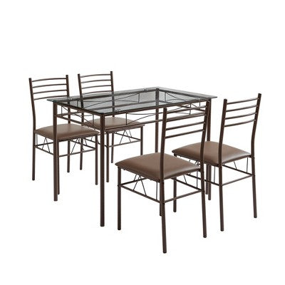 VECELO 5 Piece Dining Table Set with Glass Top Table & 4 Upholstered Chairs, Kitchen Rectangular Table Set Brown/Black