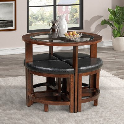 GDFStudio Alden 5 Piece Modern Round Glass Top Dining Set with 4 Triangular Stools