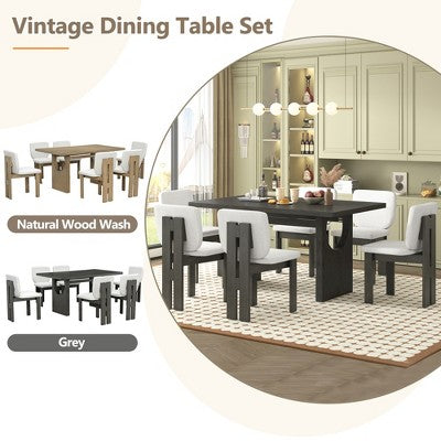 7-Piece Retro Dining Set, 1 Rectangular Table with Designed Trestle Base and 6 Upholstered Chairs - ModernLuxe