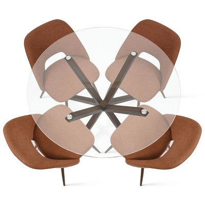 5-Piece Round Glass Dining Table Set with Upholstered Fabric Chairs, Modern Kitchen & Dining Room Furniture with Walnut Legs-Panipeachy