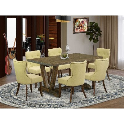 HomeStock 7-Piece Rectangle Distressed Jacobean Finish Solid Wood Top Dining Table with 6 Parson-Chairs
