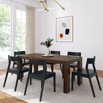 Plank+Beam 72 Modern Solid Wood Dining Table Set, Black Wirebrush, + 6 Chairs