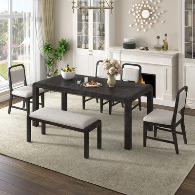 6-Piece Extendable Dining Set with 4 Upholstered Chairs & Bench, 60-72 Mid-Century Modern Kitchen Table with Curved Legs - ModernLuxe