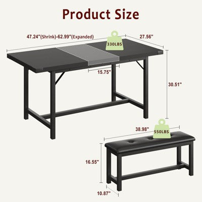 Dining Table Set for 4-6, Large Extendable Wooden Kitchen Table Set for 6, Rectangle Kitchen Table Set with 2 Upholstered Benches