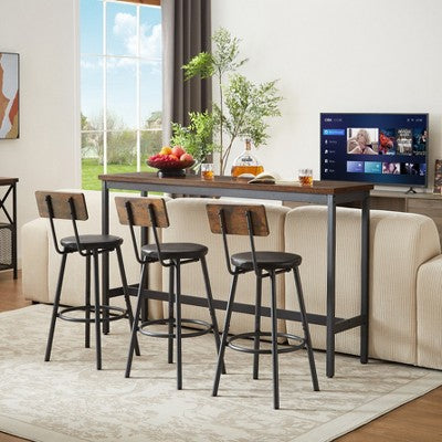 Industrial 4PCS Long Bar Table Set with 3 PU Upholstered Bar Stools, 4L -ModernLuxe