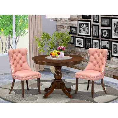 3-Piece Antique Walnut Finish Solid Wood Top-Round Upholstered Dining Room Set-Seats 4