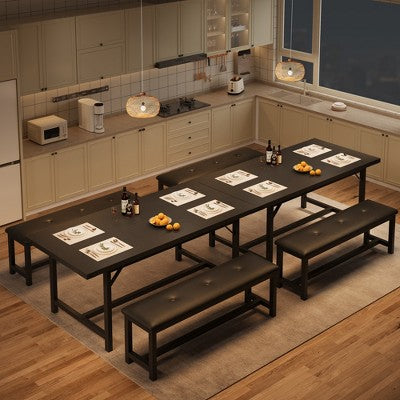 Dining Table Set for 4-6, Large Extendable Wooden Kitchen Table Set for 6, Rectangle Kitchen Table Set with 2 Upholstered Benches