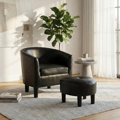 GDFStudio Nolan Contemporary Faux Leather Upholstered Barrel Back Accent Chair with Ottoman Set