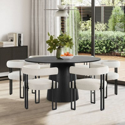 7-Piece Round Dining Table Set with 6 Upholstered Chenille Chairs, 52 Modern Pedestal Table with Metal Leg Dining Chairs for Kitchen-Panipeachy