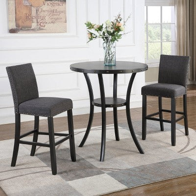 Biony 3-Piece 36 Round Espresso Finish Bar Table with 2 Gray Fabric Nail Head Pub Chairs