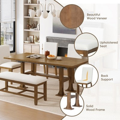 6 Pieces Dining Table Set with Bench for 6, Kitchen Table Set with Storage Drawer and 4 Upholstered Dining Chairs