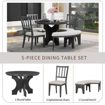 5-piece Rustic Charm Round Dining Set with 3 Upholstered Chairs and Curved Bench for Dining Room, Kitchen and Living room-ModernLuxe