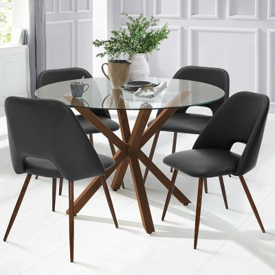 5-Piece Round Glass Dining Table Set with Faux Leather Chairs, Modern Kitchen Table Set with Walnut Legs for 4-Panipeachy
