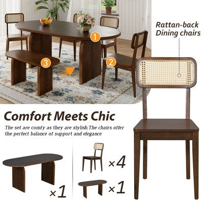 GDFStudio Tom 6 Piece Solid Wood and PE Rattan Dining Set with 71 Double Pedestal Table
