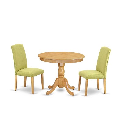 Round Dining Table Set - 36 Inch Table & 2 Chairs - Linen Fabric - Solid Wood Base