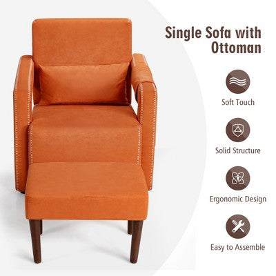 Costway Modern Berber Fleece Single Sofa Chair w/ Ottoman & Waist Pillow Red\Blue\Black\Green\Orange