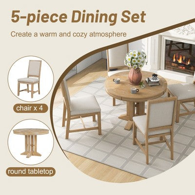 GDFStudio Salome 5 Piece Dining Set with Extendable Round Table and Upholstered Chairs